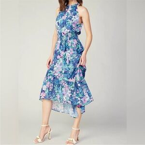 NWT Current Air Floral Chiffon Midi Dress Blue Pink High Neck Flowy